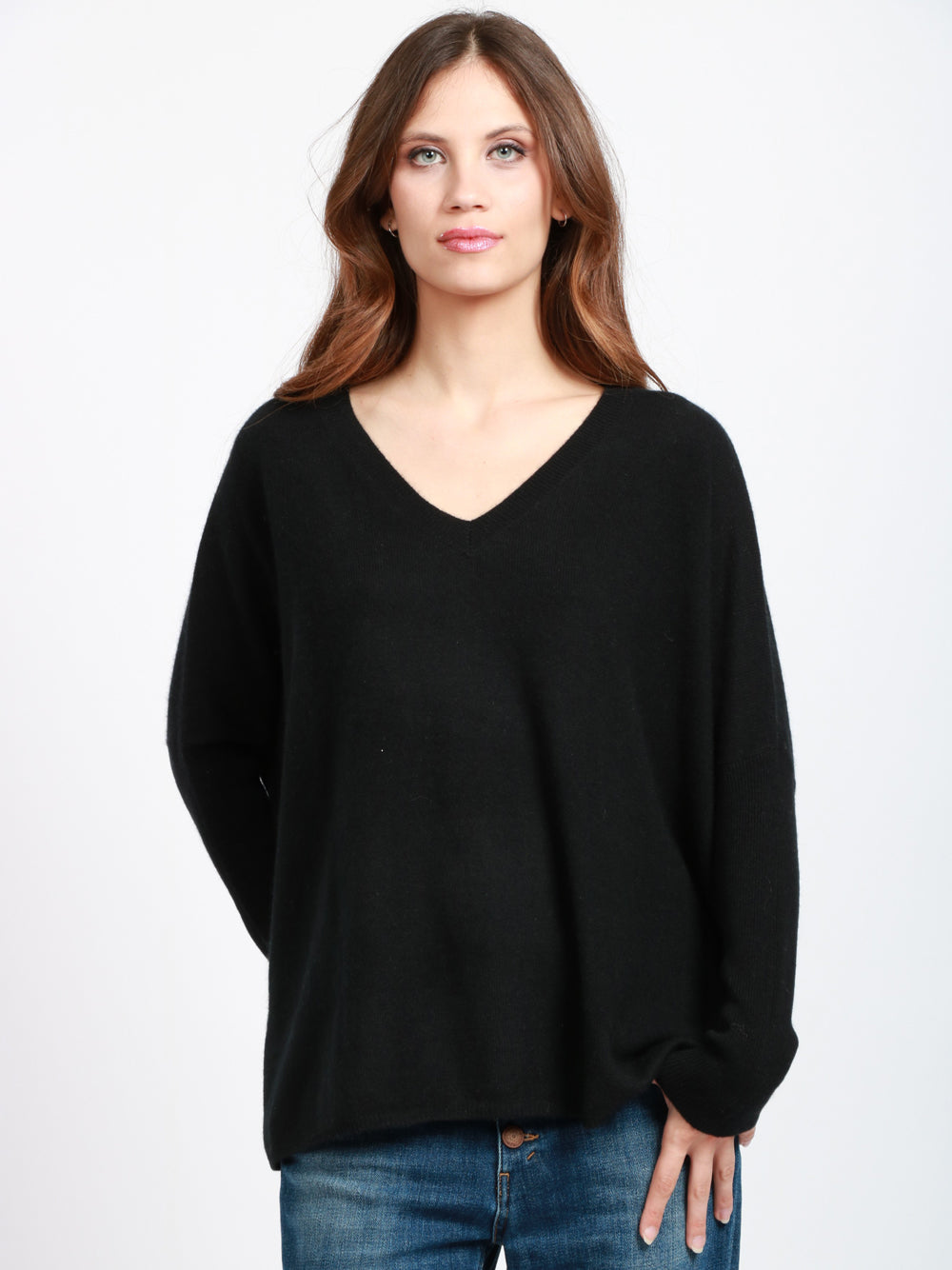 ABSOLUT CASHMERE Maglia Chloe in Cashmere Nera con Banda Celeste Nero/celeste