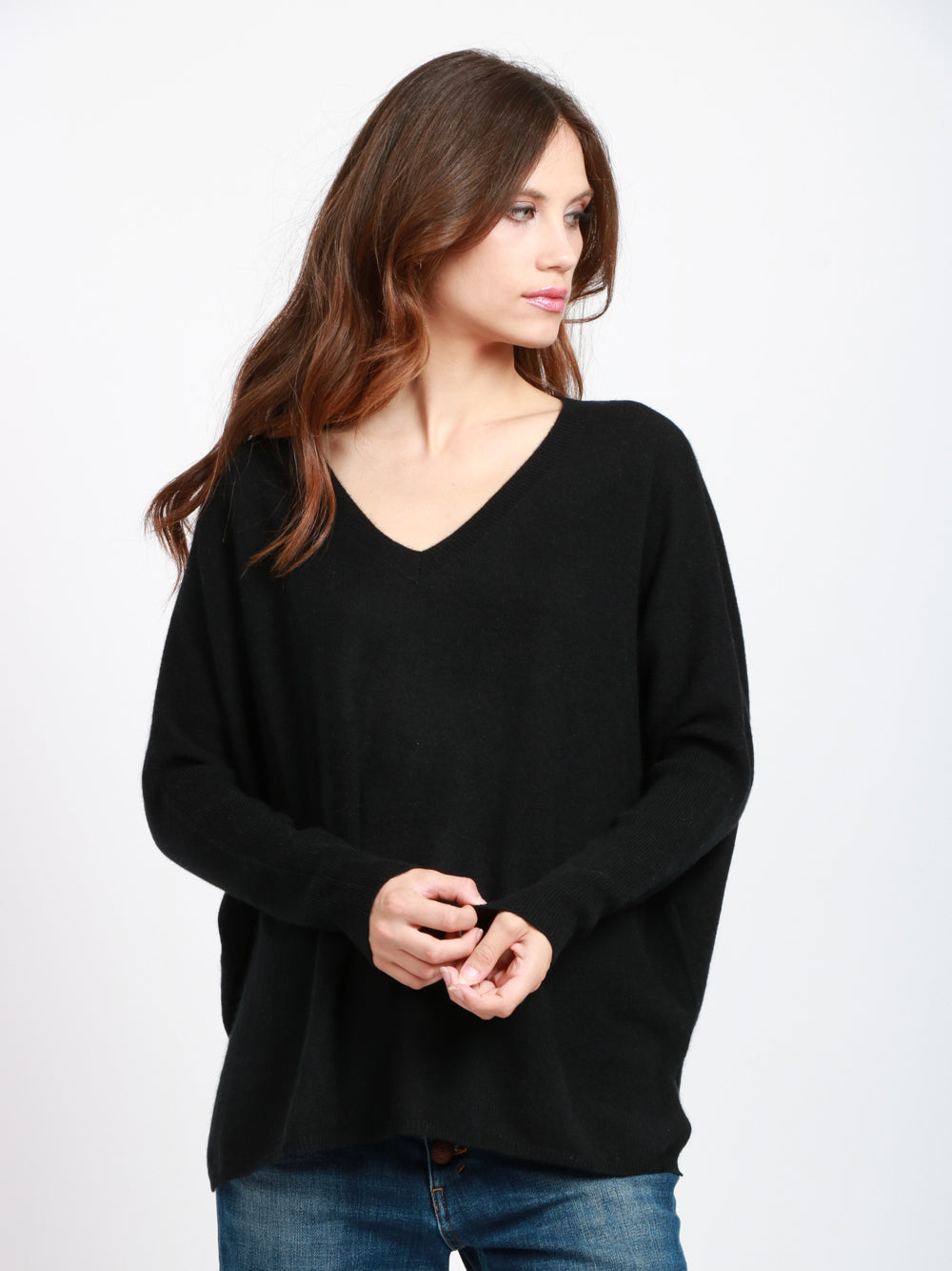 ABSOLUT CASHMERE Maglia Chloe in Cashmere Nera con Banda Celeste Nero/celeste