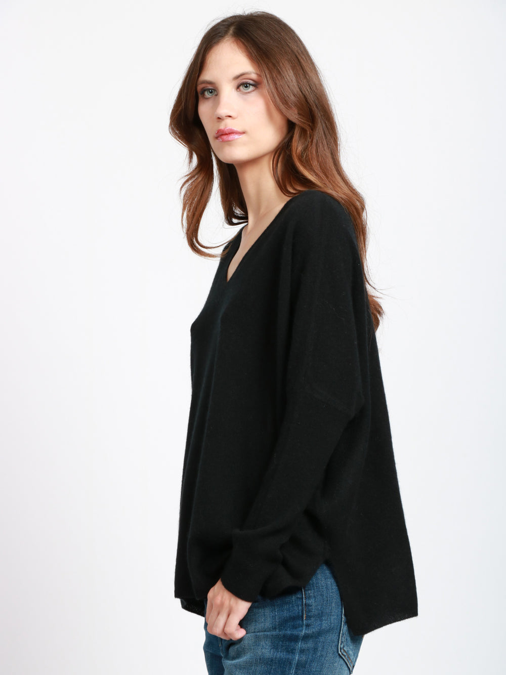 ABSOLUT CASHMERE Maglia Chloe in Cashmere Nera con Banda Celeste Nero/celeste