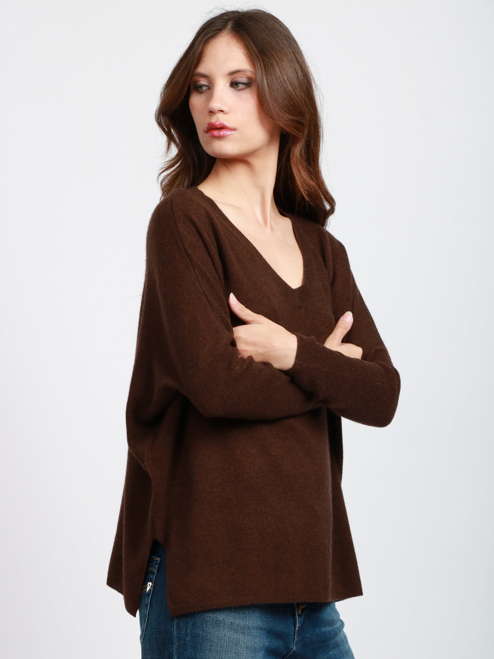 ABSOLUT CASHMERE Maglia Chloe in Cashmere Marrone con Banda Lilla Marrone/lilla
