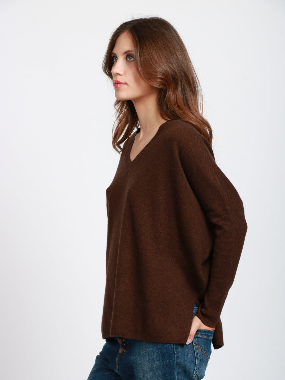 ABSOLUT CASHMERE Maglia Chloe in Cashmere Marrone con Banda Lilla Marrone/lilla