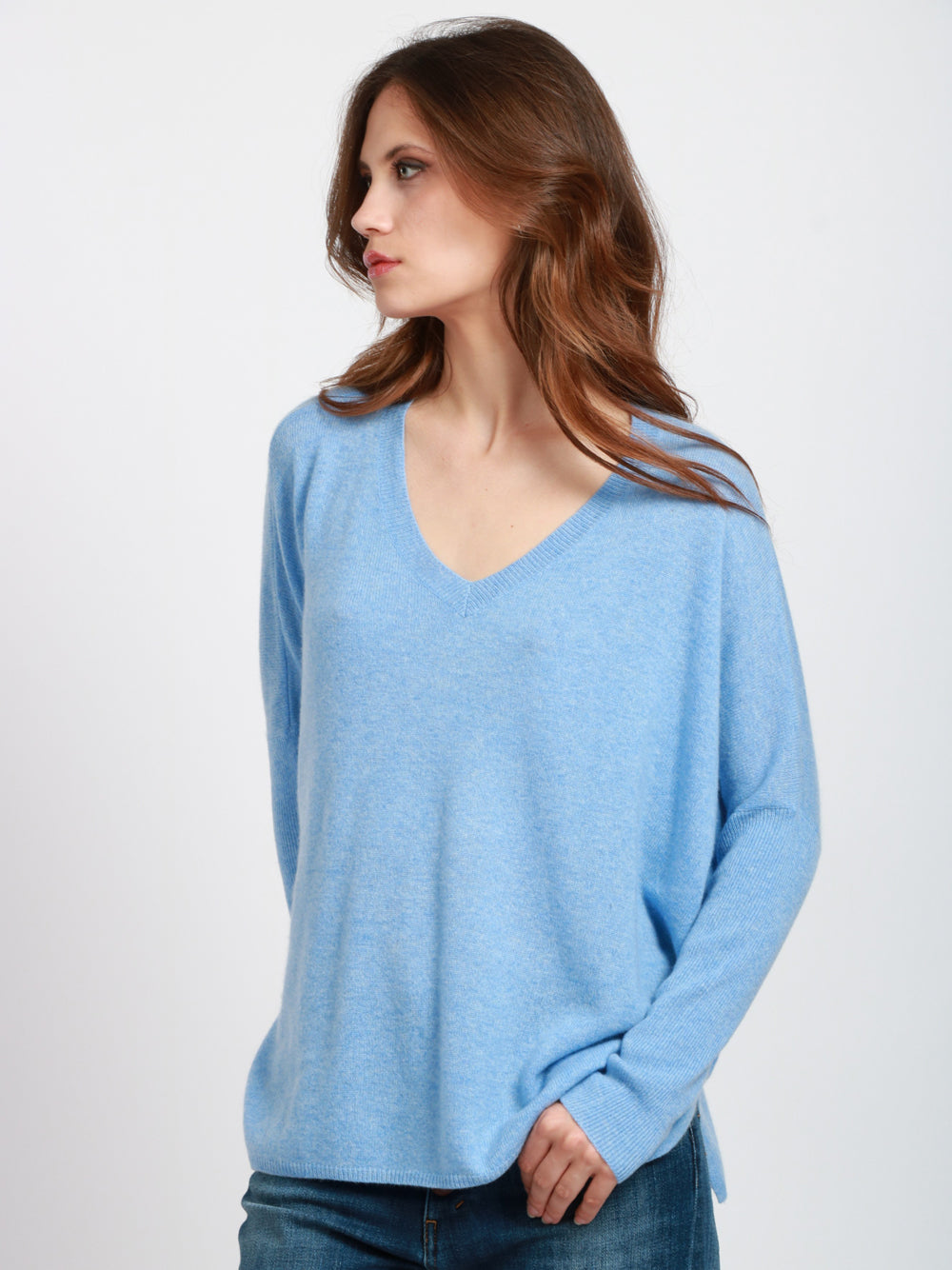 ABSOLUT CASHMERE Maglia Chloe in Cashmere Celeste con Banda Panna Indaco/panna