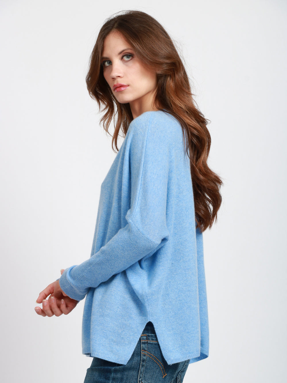 ABSOLUT CASHMERE Maglia Chloe in Cashmere Celeste con Banda Panna Indaco/panna