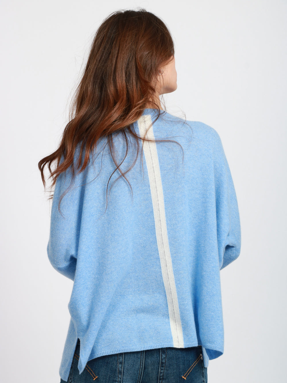 ABSOLUT CASHMERE Maglia Chloe in Cashmere Celeste con Banda Panna Indaco/panna