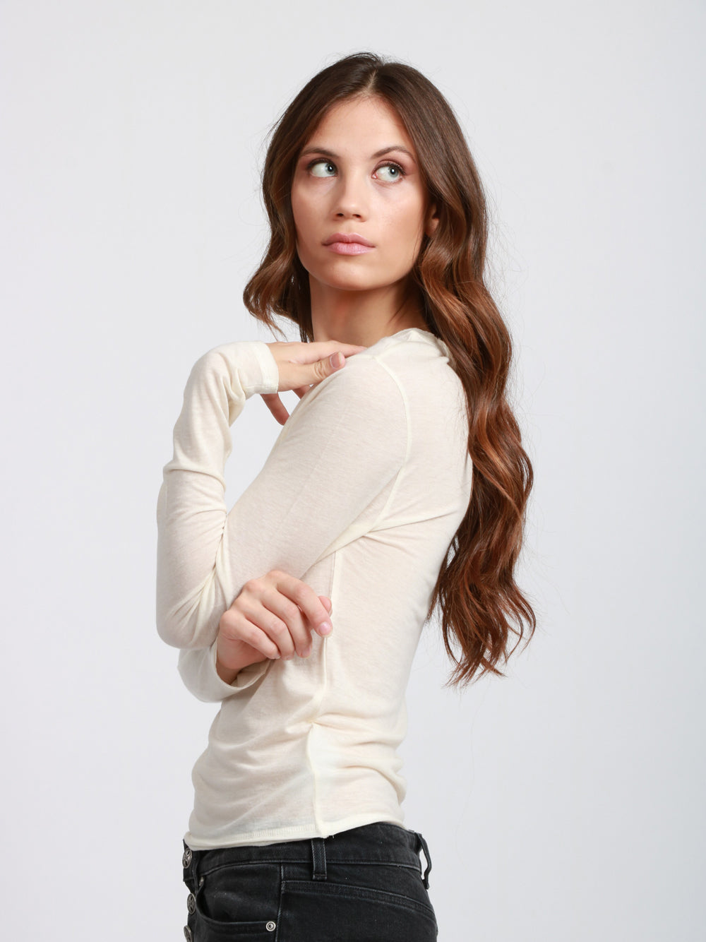 ABSOLUT CASHMERE Maglia Flora Girocollo in Misto Lana Panna Avorio