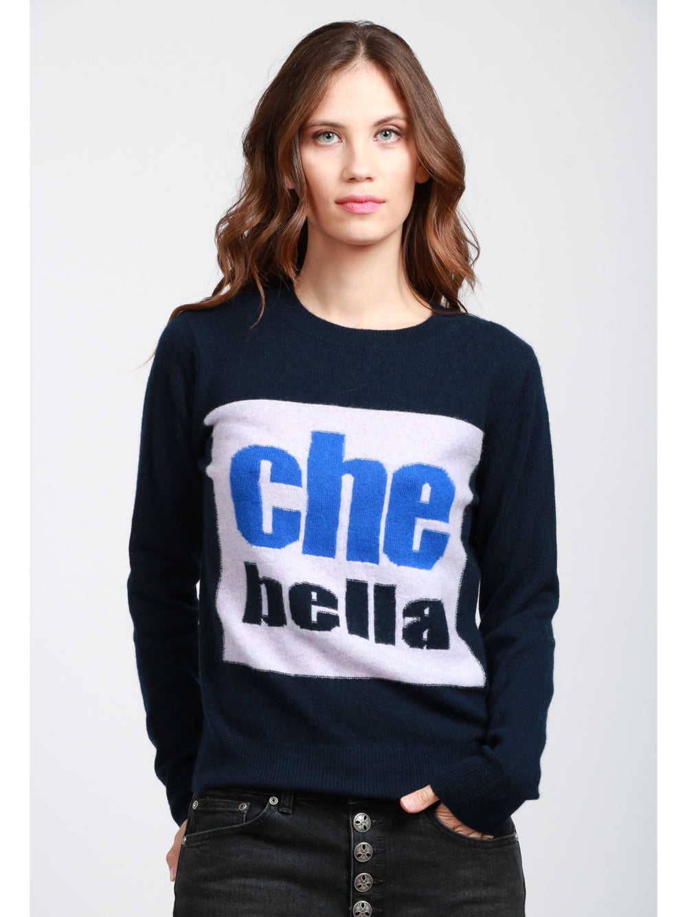 ABSOLUT CASHMERE Maglia Giada in Cashmere Blu Notte con Scritta Che Bella Blu+lilla