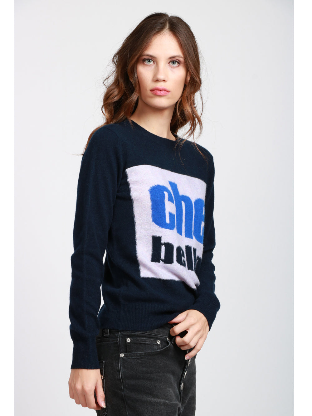 ABSOLUT CASHMERE Maglia Giada in Cashmere Blu Notte con Scritta Che Bella Blu+lilla