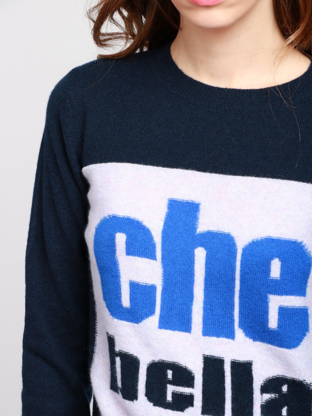 ABSOLUT CASHMERE Maglia Giada in Cashmere Blu Notte con Scritta Che Bella Blu+lilla