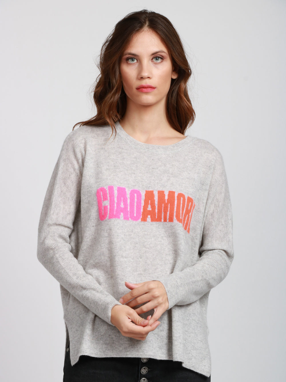 ABSOLUT CASHMERE Maglia Martina in Cashmere Grigia con Scritta Ciao Amore Grigio perla