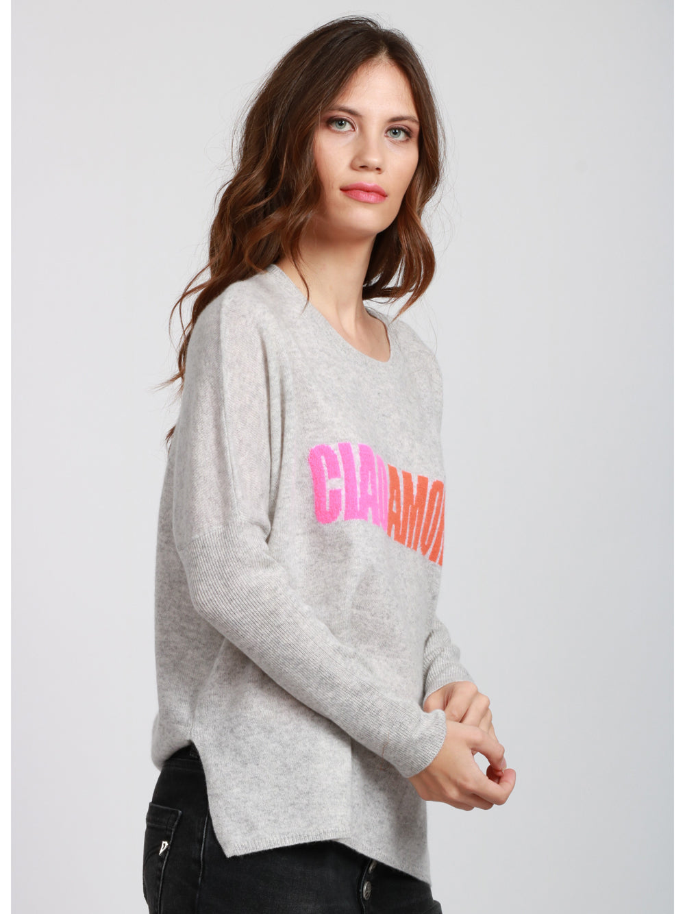ABSOLUT CASHMERE Maglia Martina in Cashmere Grigia con Scritta Ciao Amore Grigio perla