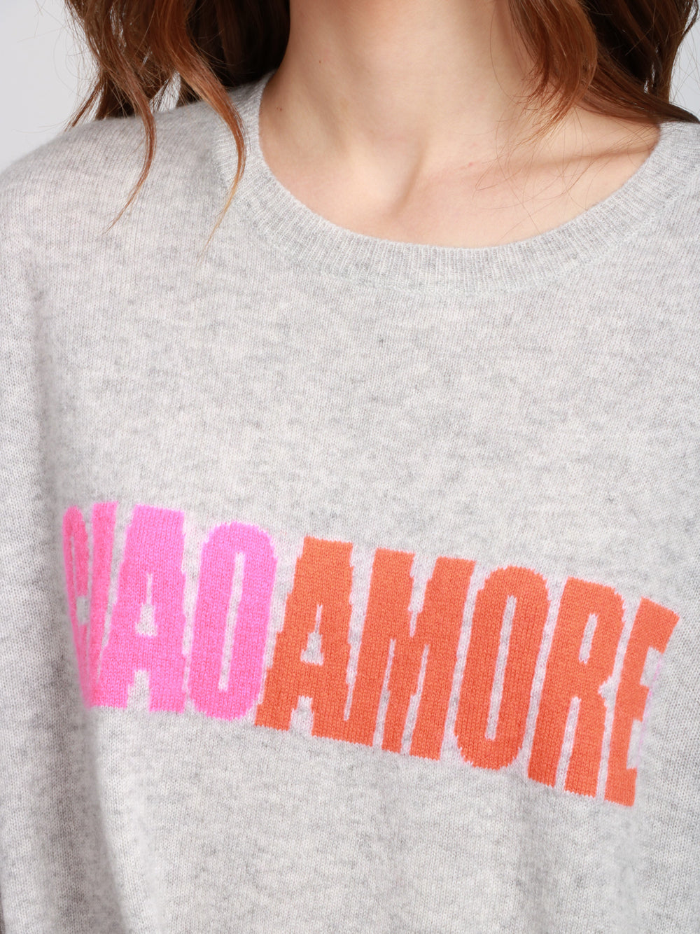 ABSOLUT CASHMERE Maglia Martina in Cashmere Grigia con Scritta Ciao Amore Grigio perla