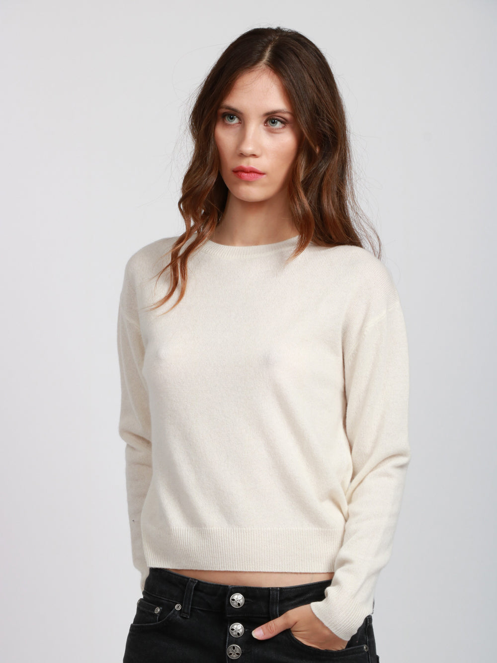 ABSOLUT CASHMERE Maglia Mirella Girocollo in Cashmere Panna con Scritta Ciao Avorio