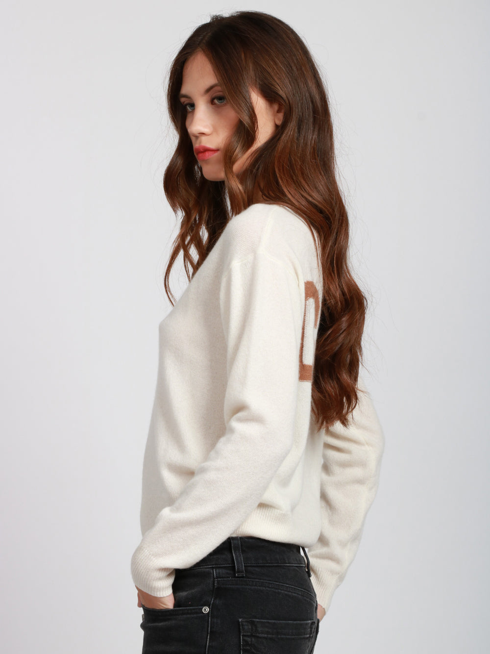 ABSOLUT CASHMERE Maglia Mirella Girocollo in Cashmere Panna con Scritta Ciao Avorio
