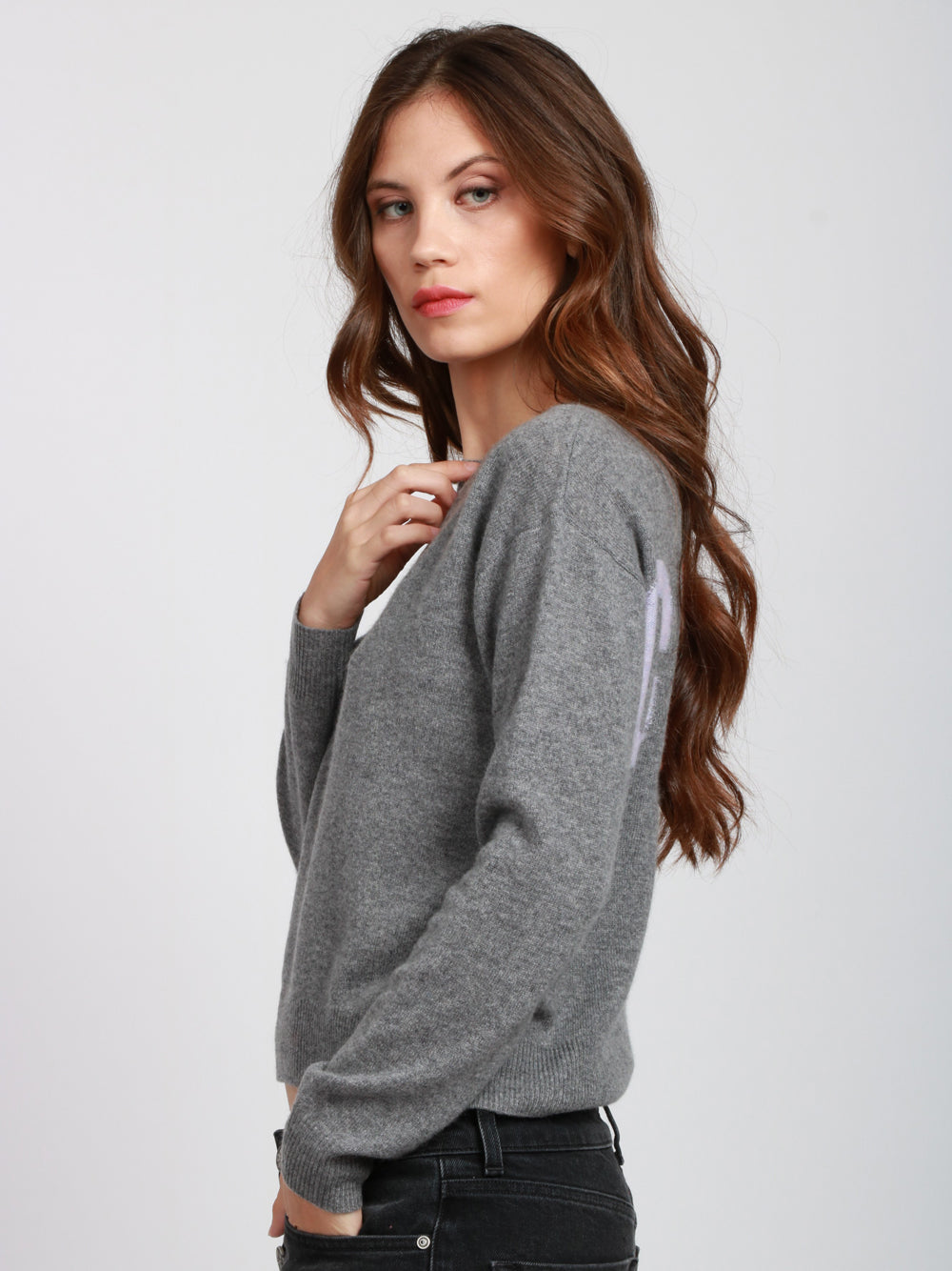 ABSOLUT CASHMERE Maglia Mirella Girocollo in Cashmere Grigia con Scritta Ciao Grigio