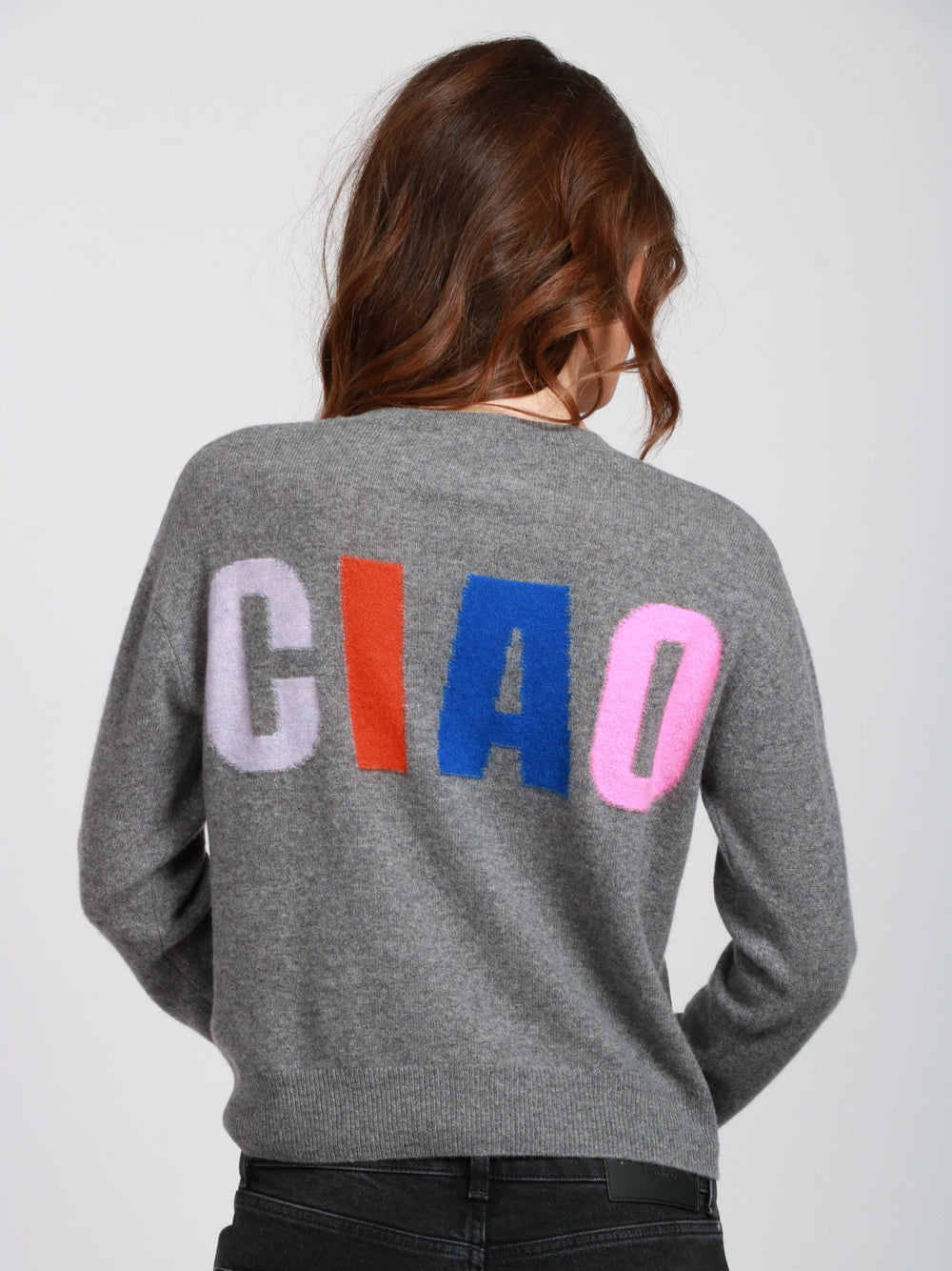 ABSOLUT CASHMERE Maglia Mirella Girocollo in Cashmere Grigia con Scritta Ciao Grigio