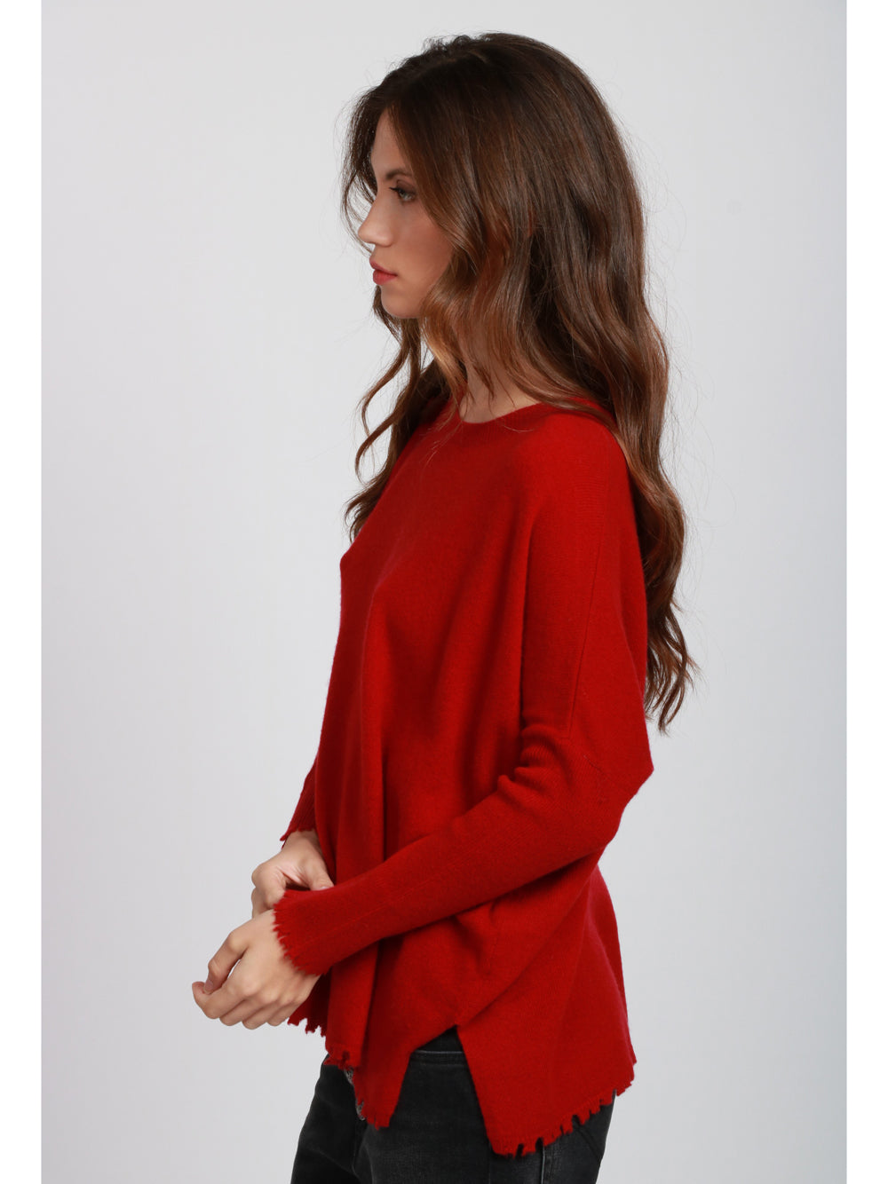 ABSOLUT CASHMERE Maglia Ofelia Girocollo in Cashmere Rossa con Rotture Rosso scuro