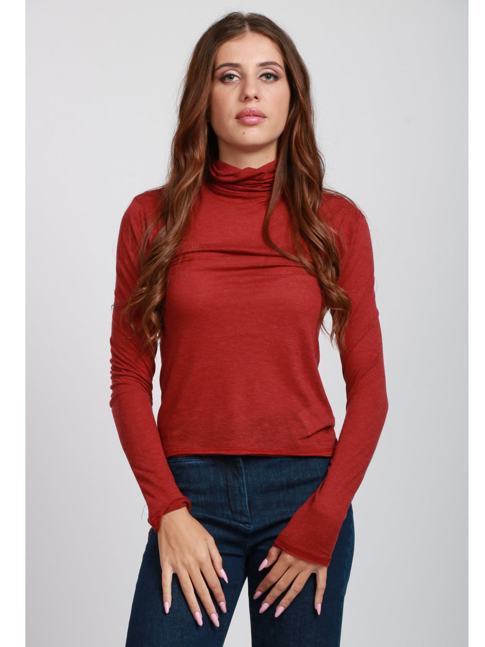 ABSOLUT CASHMERE Maglia Sabine in Misto Lana Rossa Scuro con Collo Alto Bordeaux