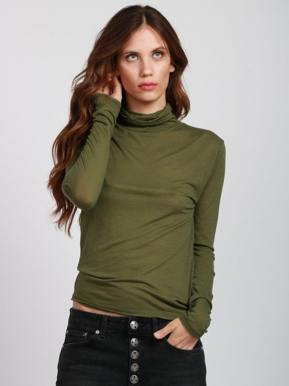 ABSOLUT CASHMERE Maglia Sabine in Misto Lana Verde Militare con Collo Alto Verde