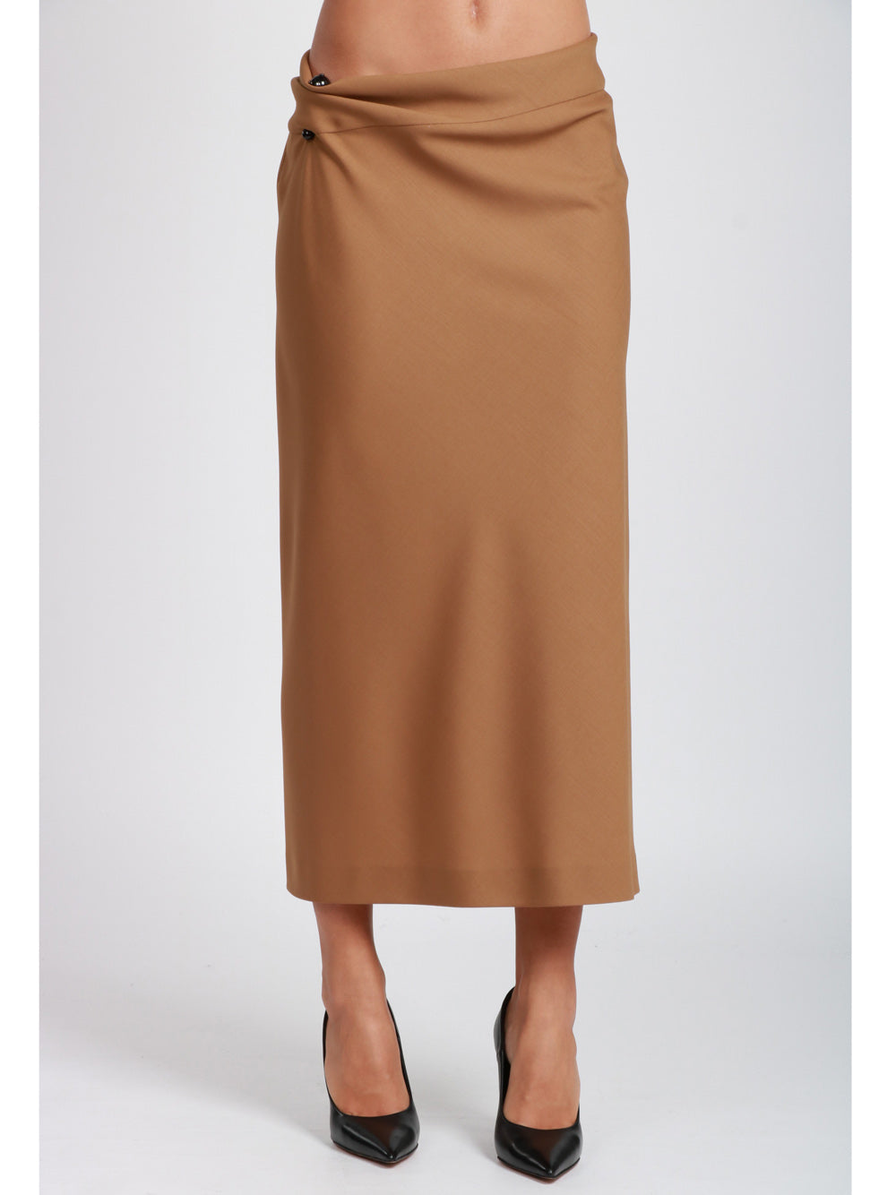 ALBERTA FERRETTI Gonna Midi in Fresco di Lana Cammello con Piercing Camel