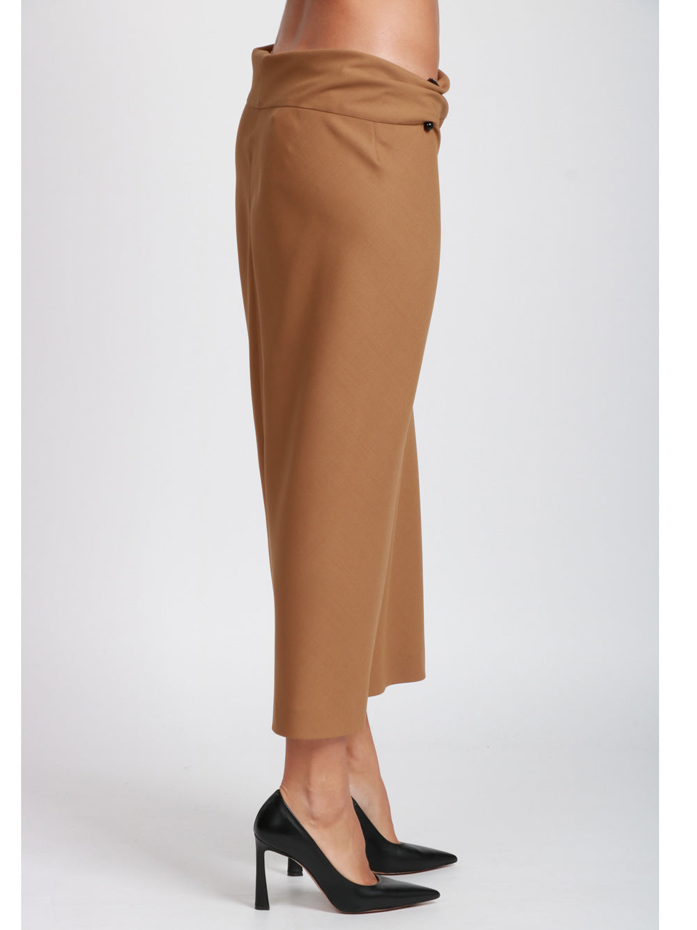 ALBERTA FERRETTI Gonna Midi in Fresco di Lana Cammello con Piercing Camel