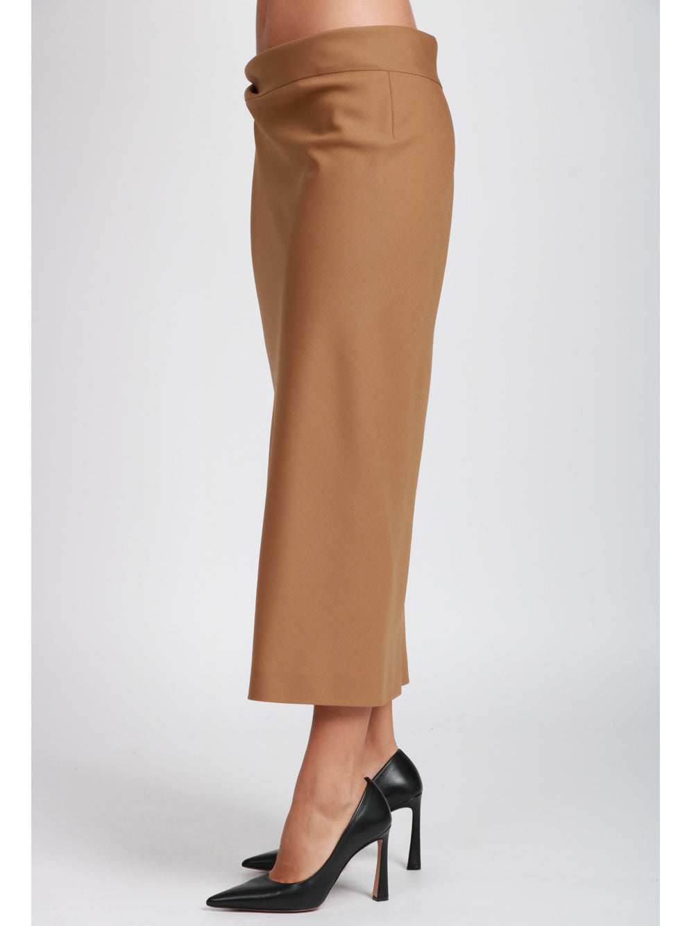 ALBERTA FERRETTI Gonna Midi in Fresco di Lana Cammello con Piercing Camel