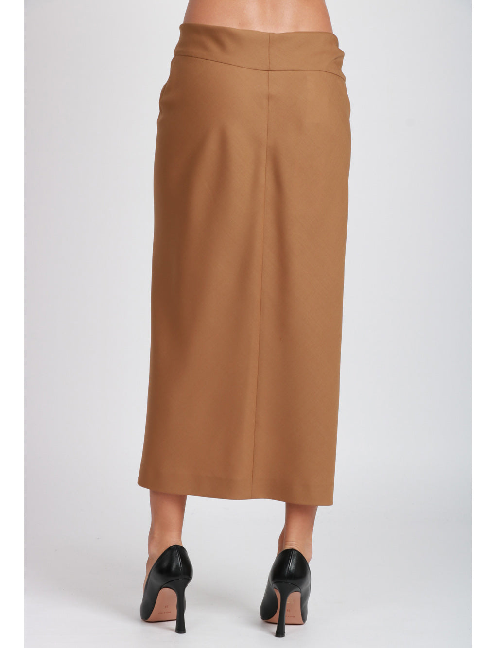 ALBERTA FERRETTI Gonna Midi in Fresco di Lana Cammello con Piercing Camel