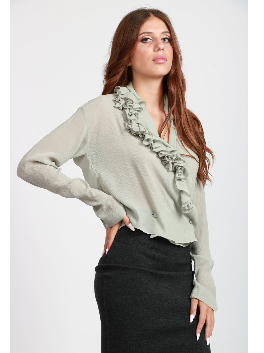 ALBERTA FERRETTI Camicia Cache Coeur Verde Salvia con Dettaglio Floreale Salvia