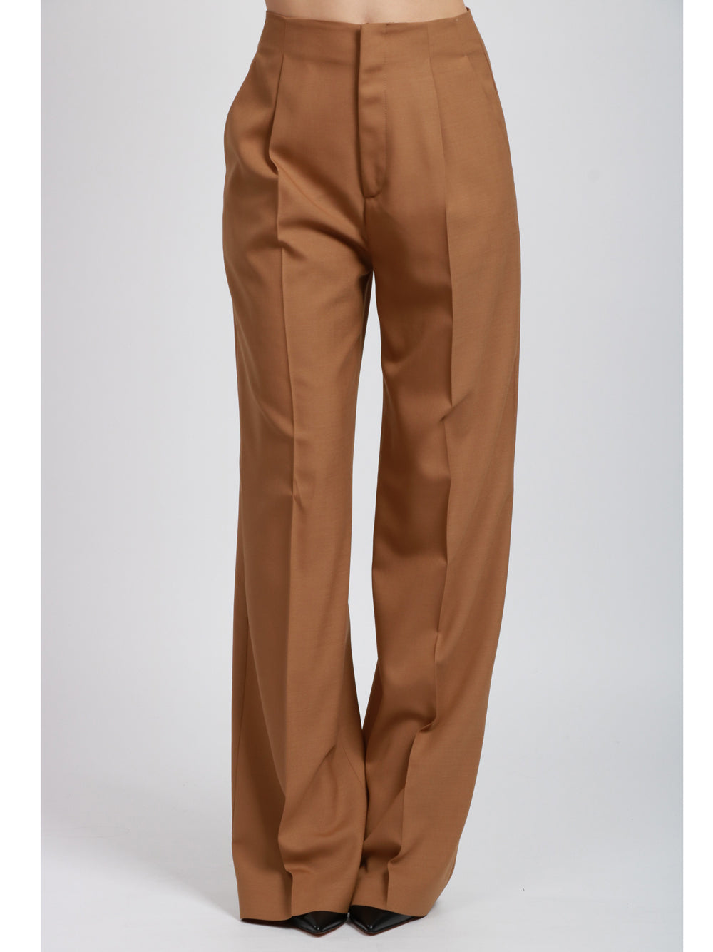 ALBERTA FERRETTI Pantaloni Palazzo in Fresco di Lana Cammello con Pinces Camel