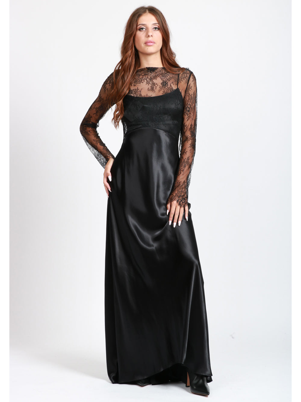 ALBERTA FERRETTI Vestito lungo in Raso lucido e Pizzo Nero Nero