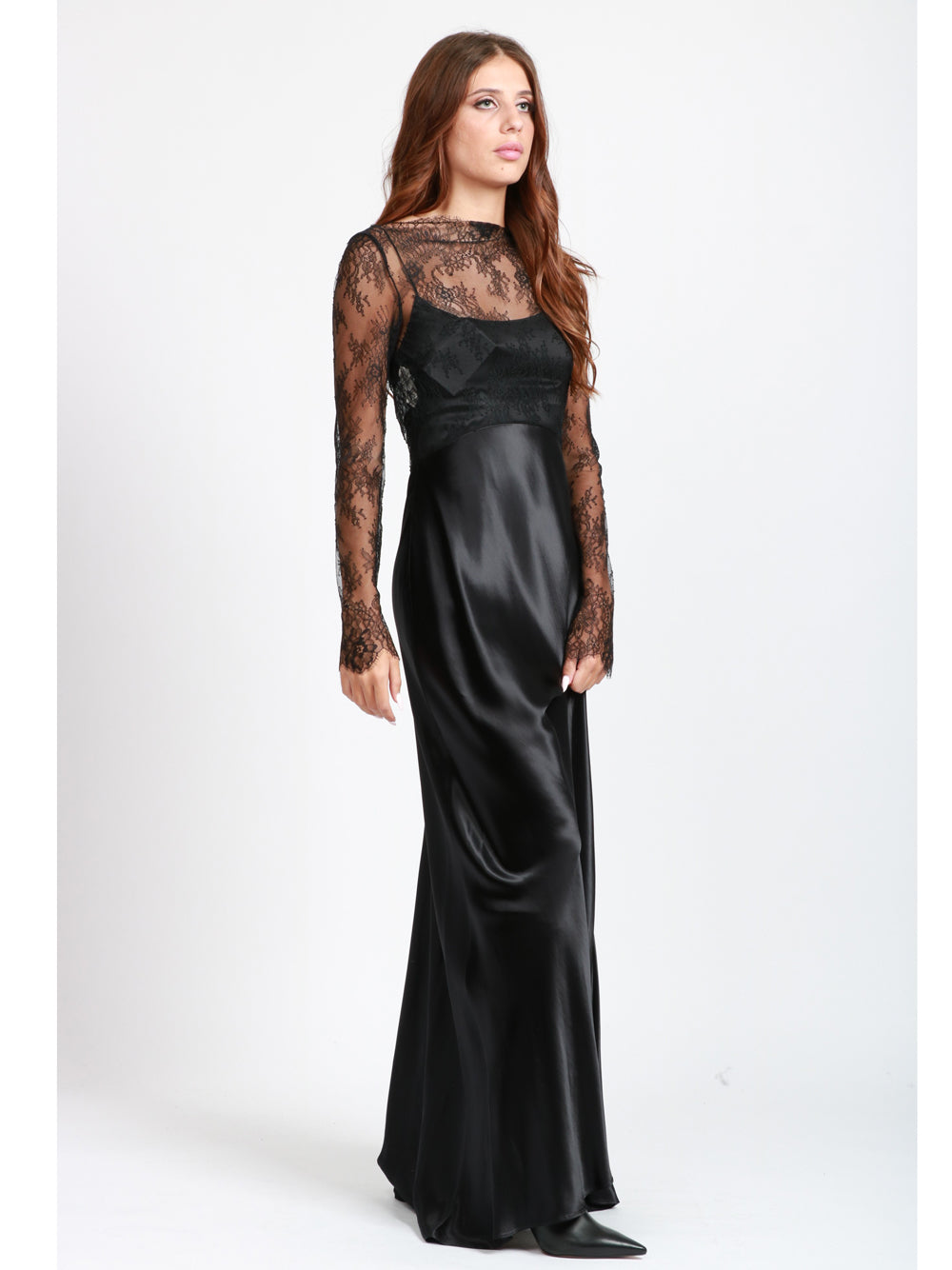 ALBERTA FERRETTI Vestito lungo in Raso lucido e Pizzo Nero Nero