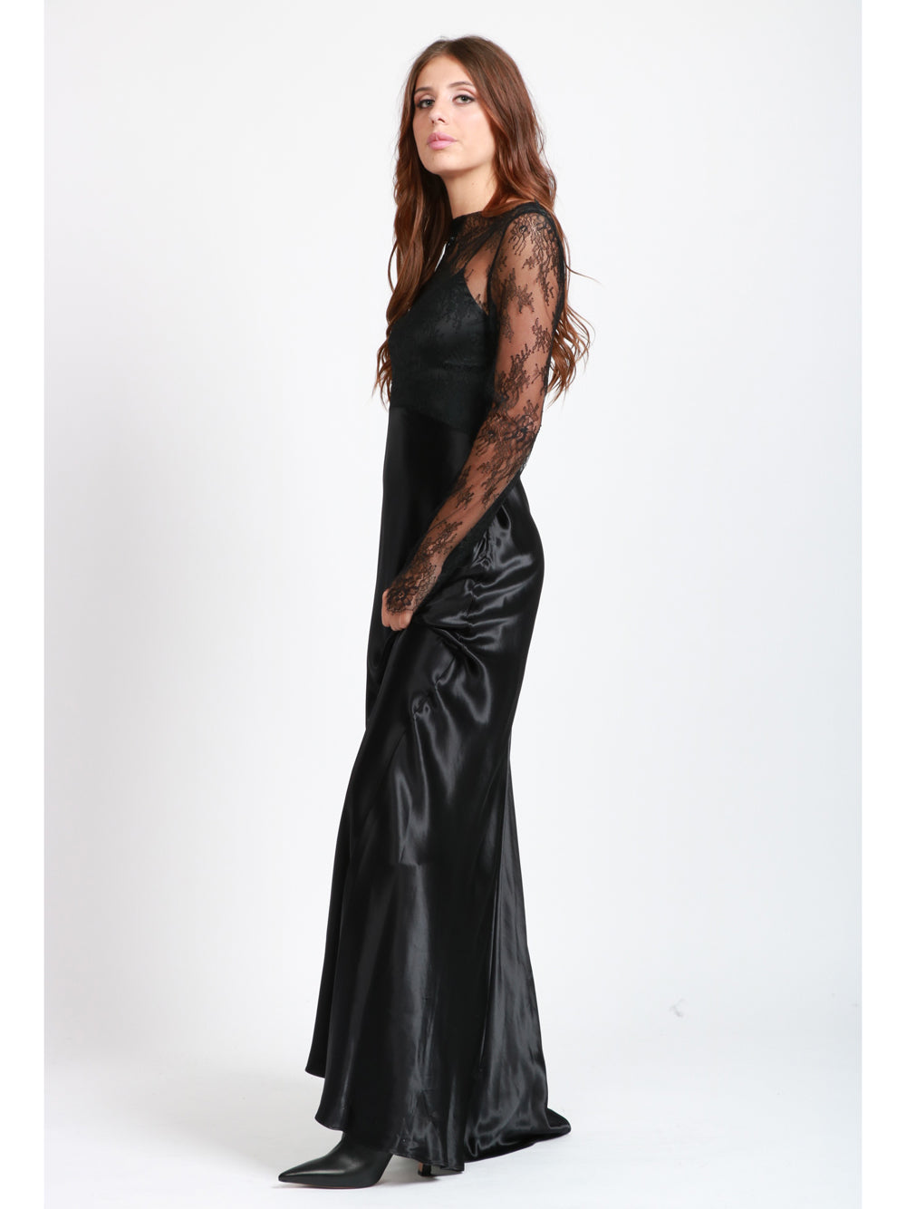 ALBERTA FERRETTI Vestito lungo in Raso lucido e Pizzo Nero Nero