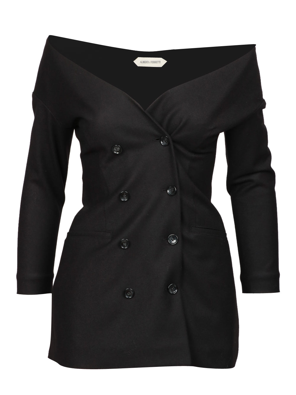 ALBERTA FERRETTI Giacca Doppio Petto in Lana effetto Bustier scollo Ampio Nera Nero