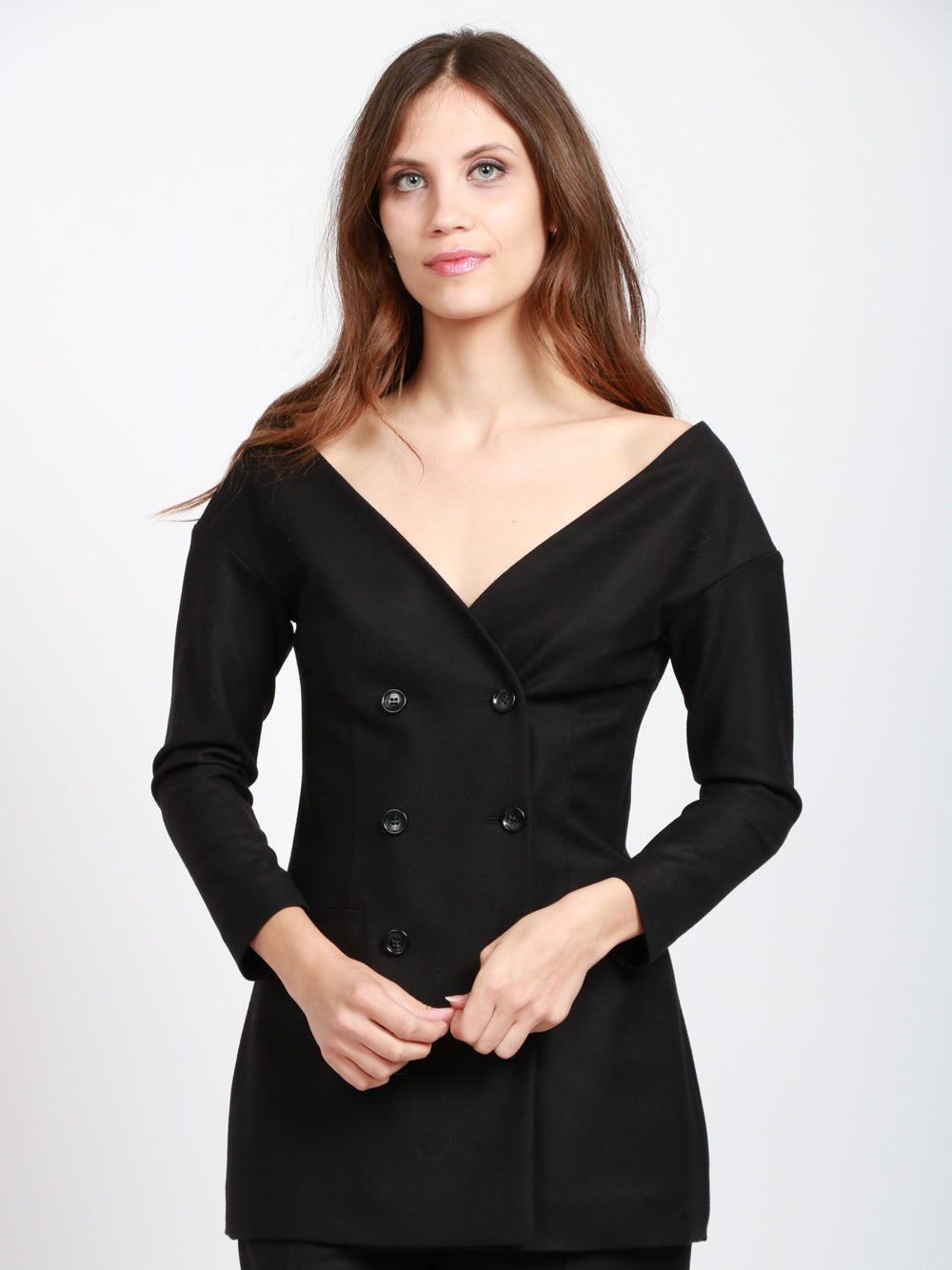 ALBERTA FERRETTI Giacca Doppio Petto in Lana effetto Bustier scollo Ampio Nera Nero