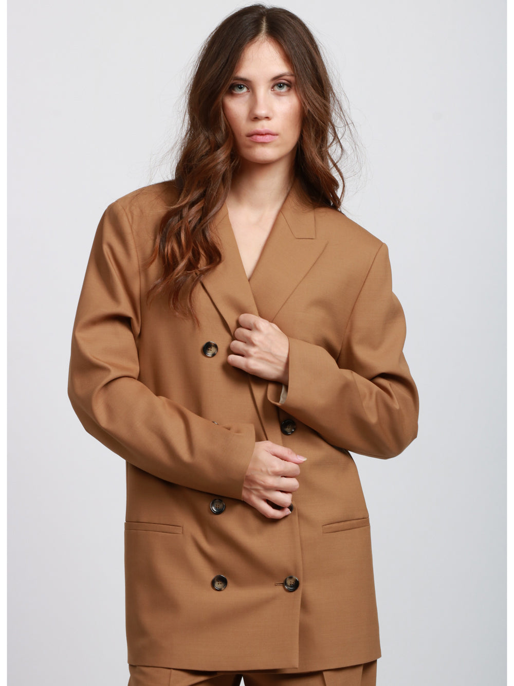 ALBERTA FERRETTI Giacca Doppiopetto Over in Fresco di Lana Cammello Camel