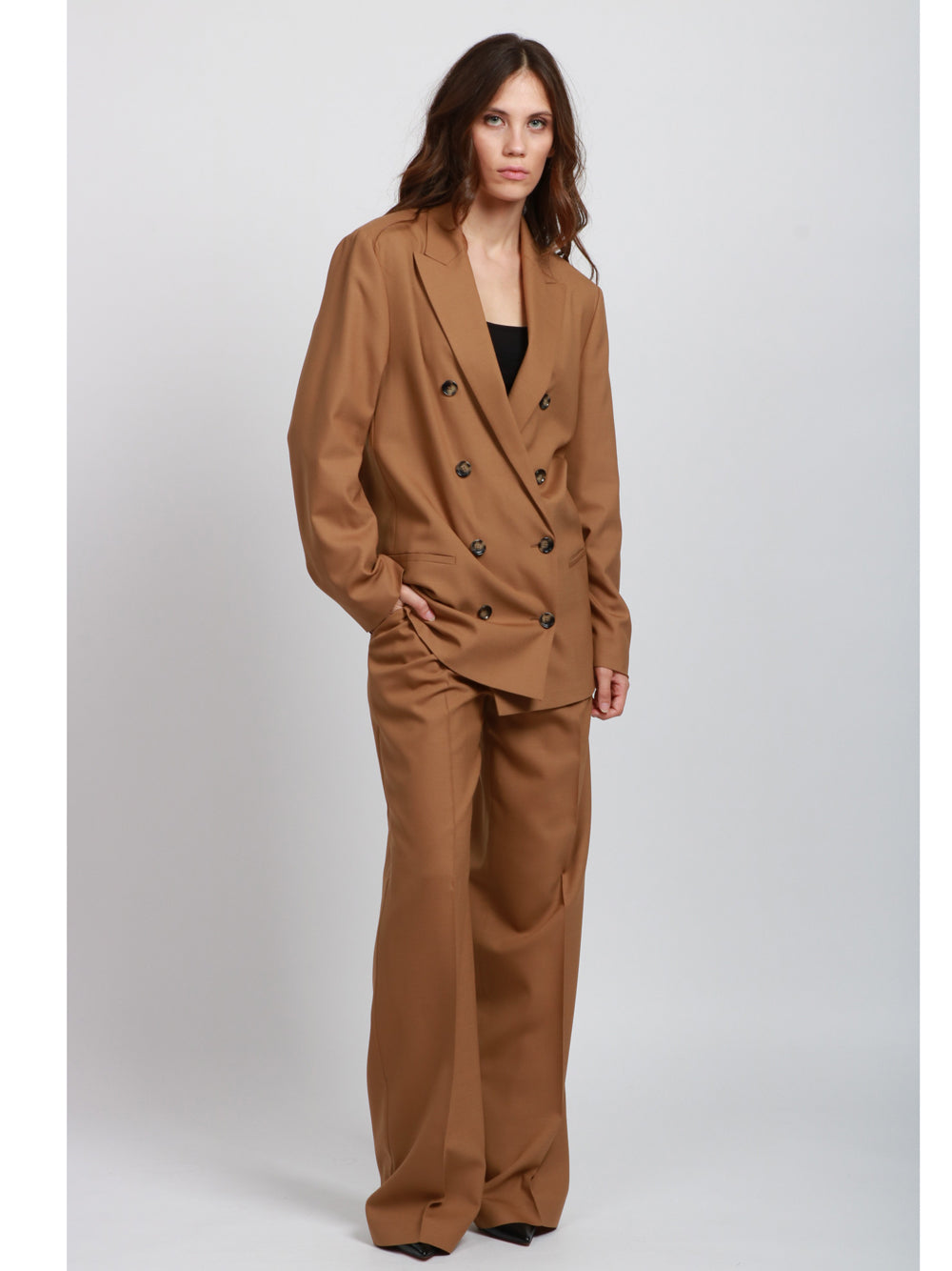 ALBERTA FERRETTI Giacca Doppiopetto Over in Fresco di Lana Cammello Camel