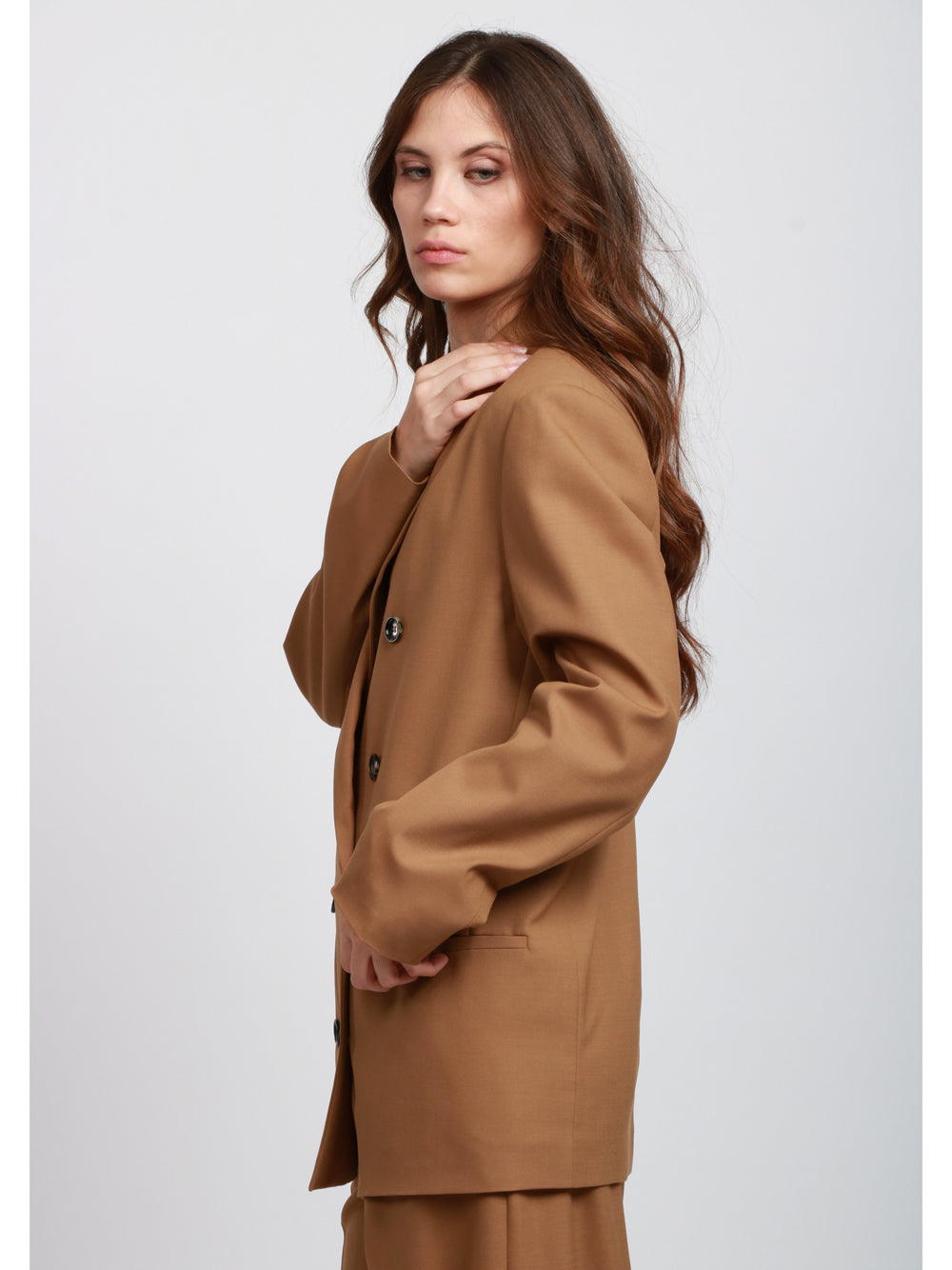 ALBERTA FERRETTI Giacca Doppiopetto Over in Fresco di Lana Cammello Camel