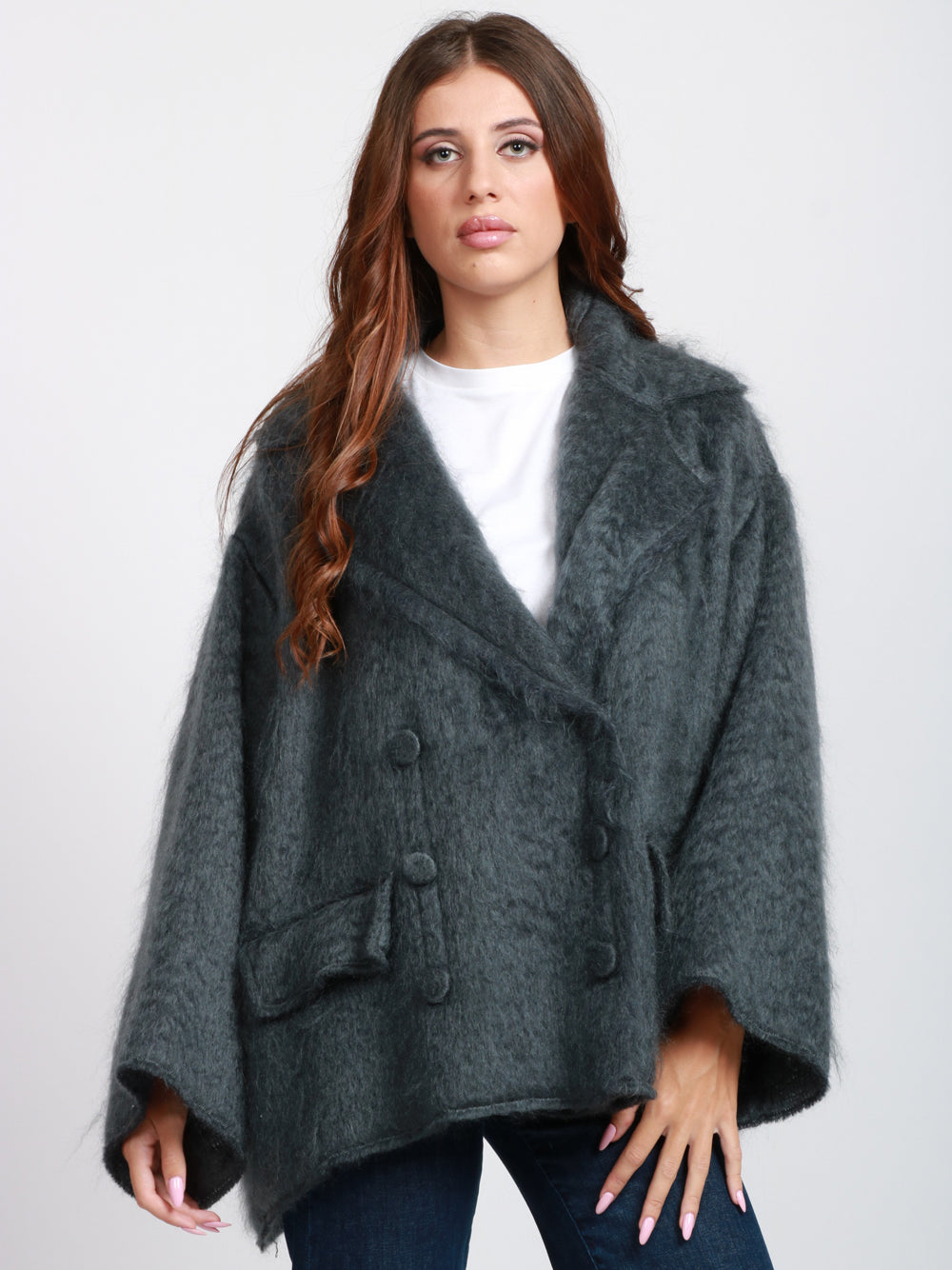 ALBERTA FERRETTI Caban Doppiopetto in Misto Mohair Grigio Grigio