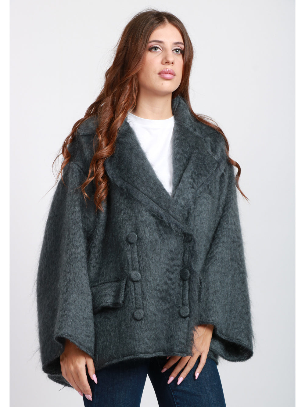 ALBERTA FERRETTI Caban Doppiopetto in Misto Mohair Grigio Grigio