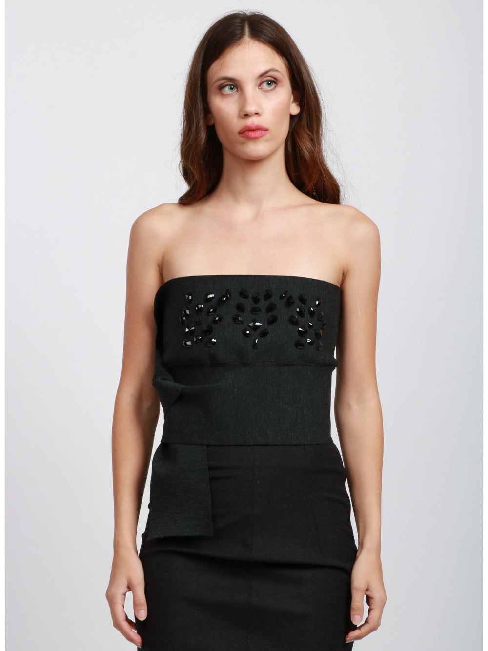 ALBERTA FERRETTI Top Bustier a Fascia in Lana Vergine Grigio con Pietre Antracite