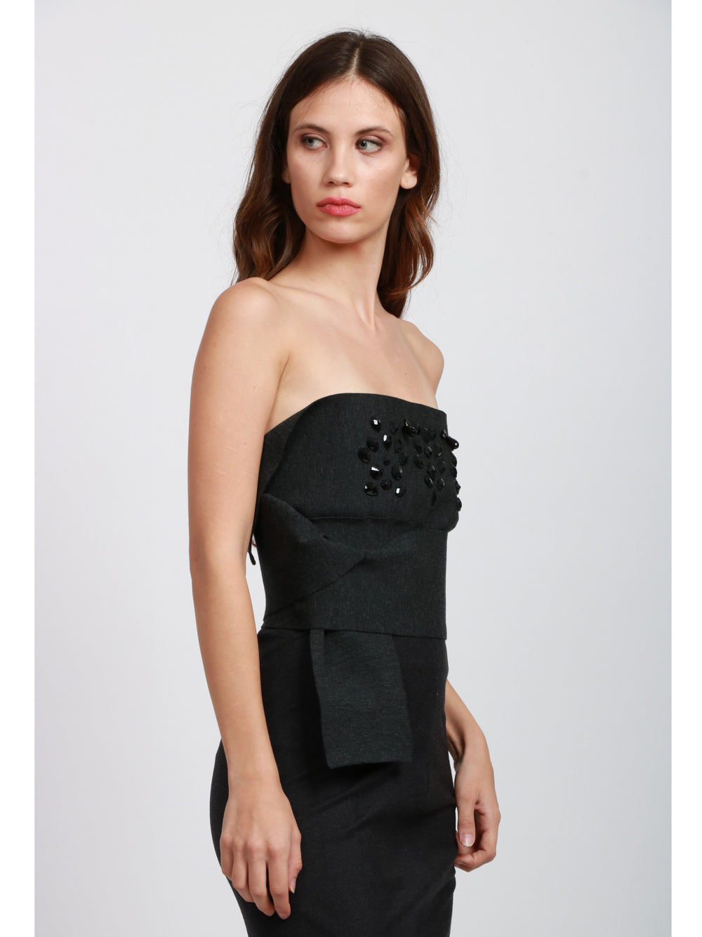 ALBERTA FERRETTI Top Bustier a Fascia in Lana Vergine Grigio con Pietre Antracite