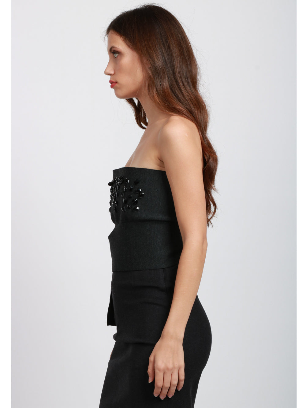 ALBERTA FERRETTI Top Bustier a Fascia in Lana Vergine Grigio con Pietre Antracite