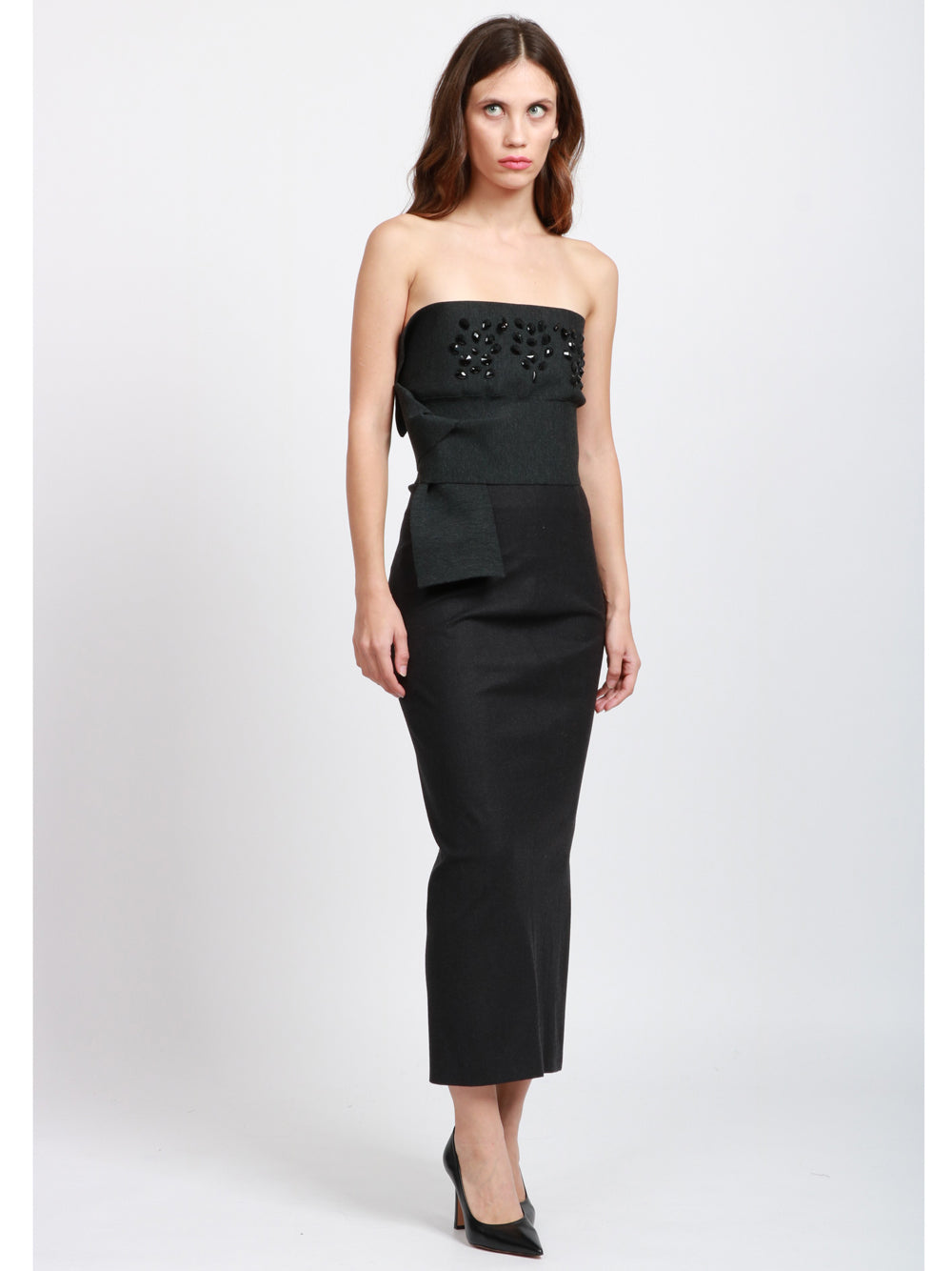 ALBERTA FERRETTI Top Bustier a Fascia in Lana Vergine Grigio con Pietre Antracite