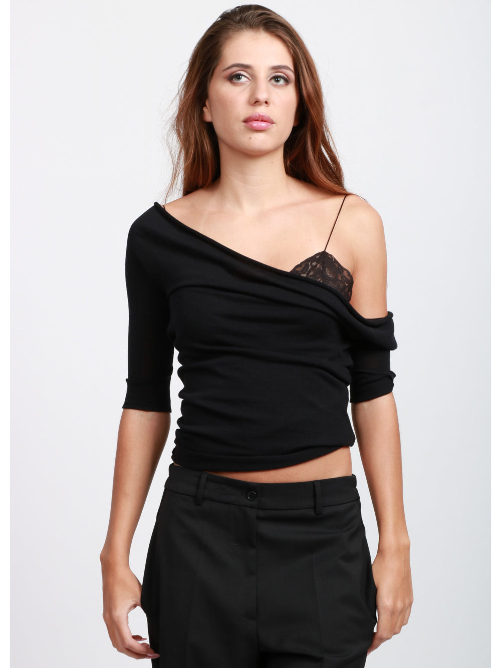 ALBERTA FERRETTI Maglia in Lana Vergine Nera con Dettagli in Pizzo Nero