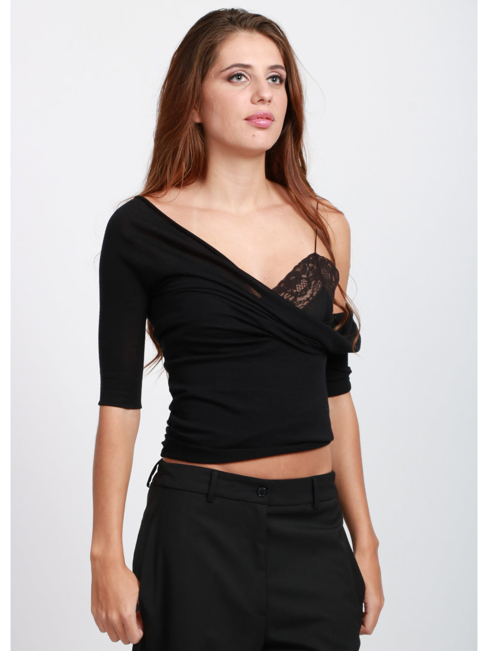 ALBERTA FERRETTI Maglia in Lana Vergine Nera con Dettagli in Pizzo Nero