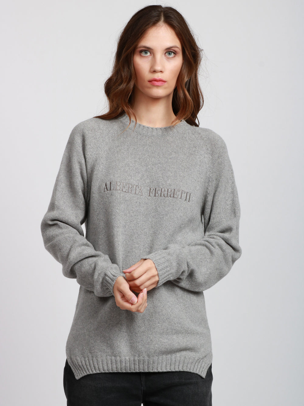 ALBERTA FERRETTI Maglia Girocollo in Cashmere Grigia con Logo Grigio