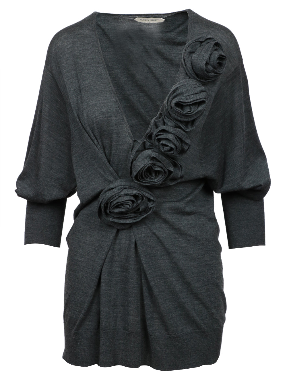 ALBERTA FERRETTI Maglia in Lana Vergine Grigia con Rose Grigio