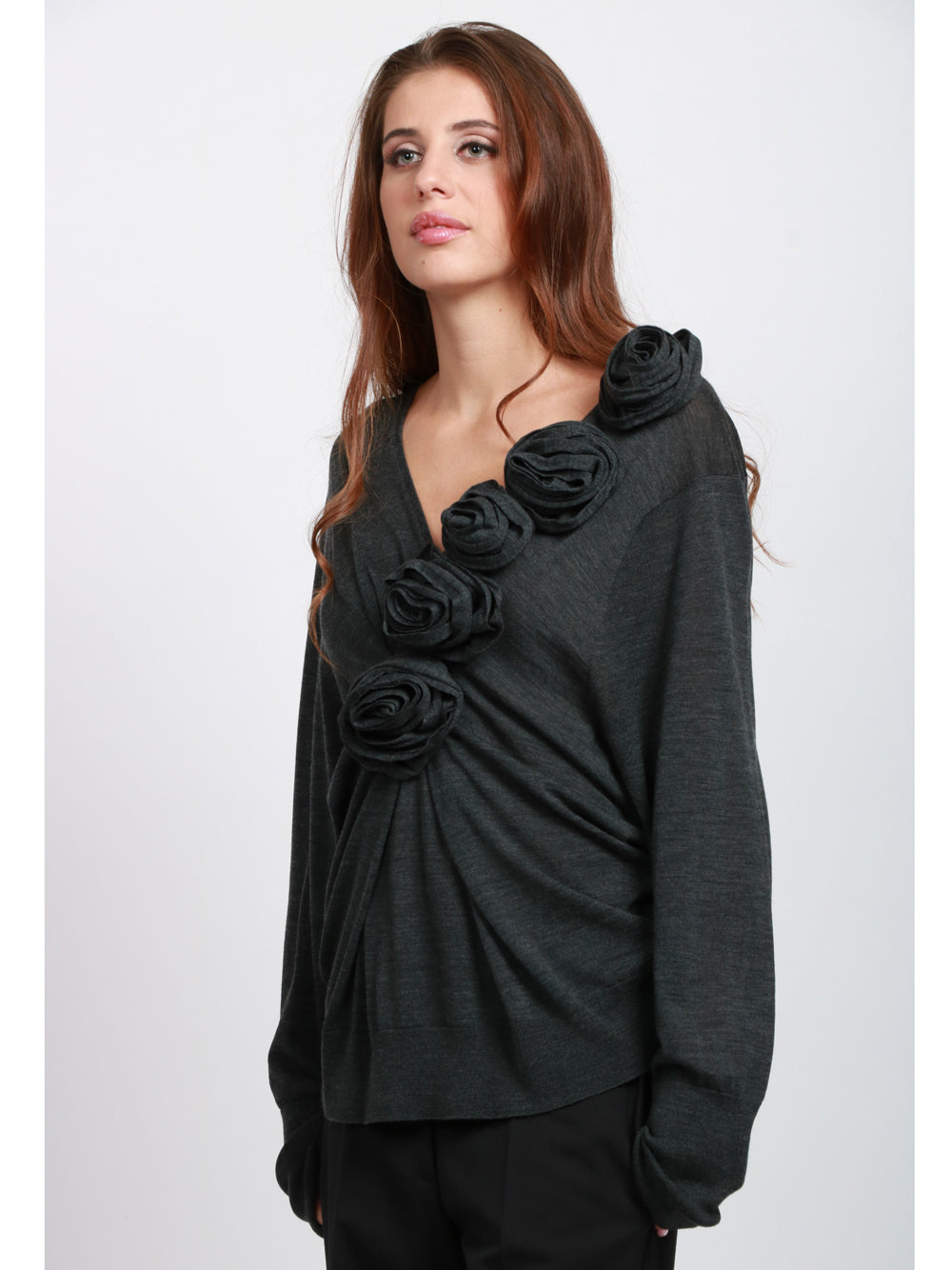 ALBERTA FERRETTI Maglia in Lana Vergine Grigia con Rose Grigio