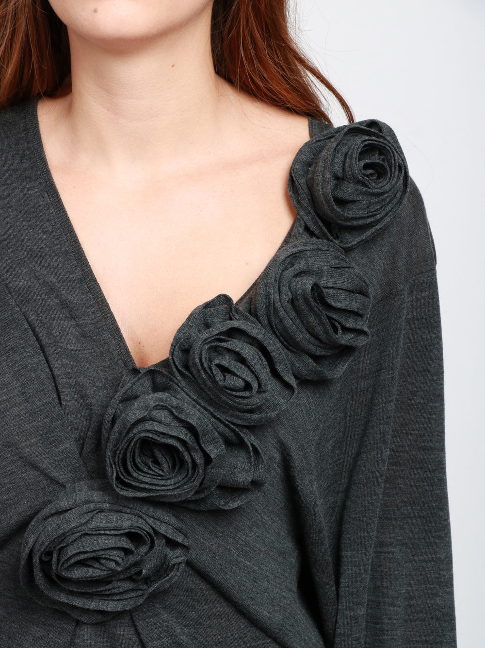ALBERTA FERRETTI Maglia in Lana Vergine Grigia con Rose Grigio