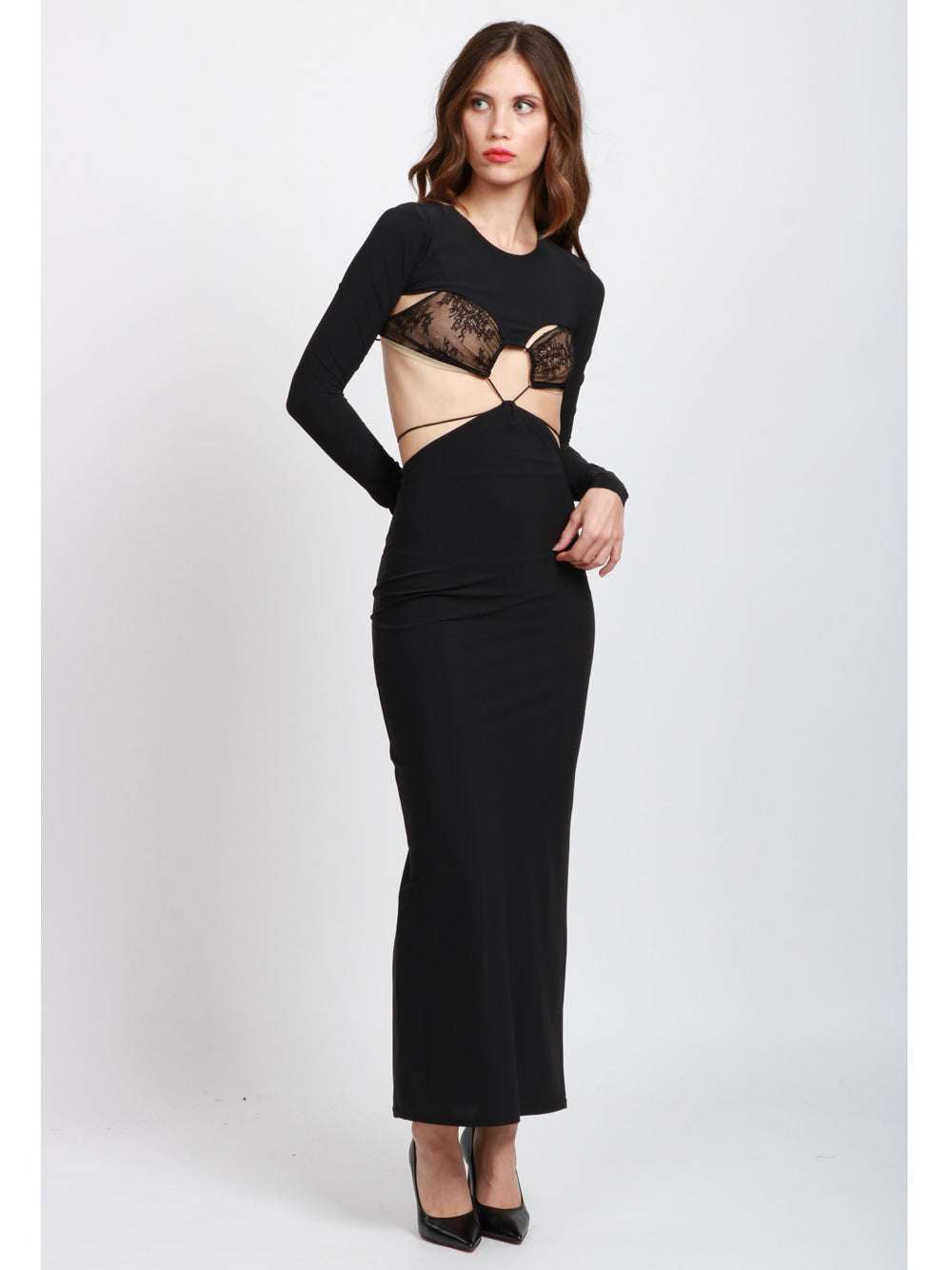AMAZUIN Vestito Dhemi Midi Nero con Cut Out e Dettagli in Pizzo Nero