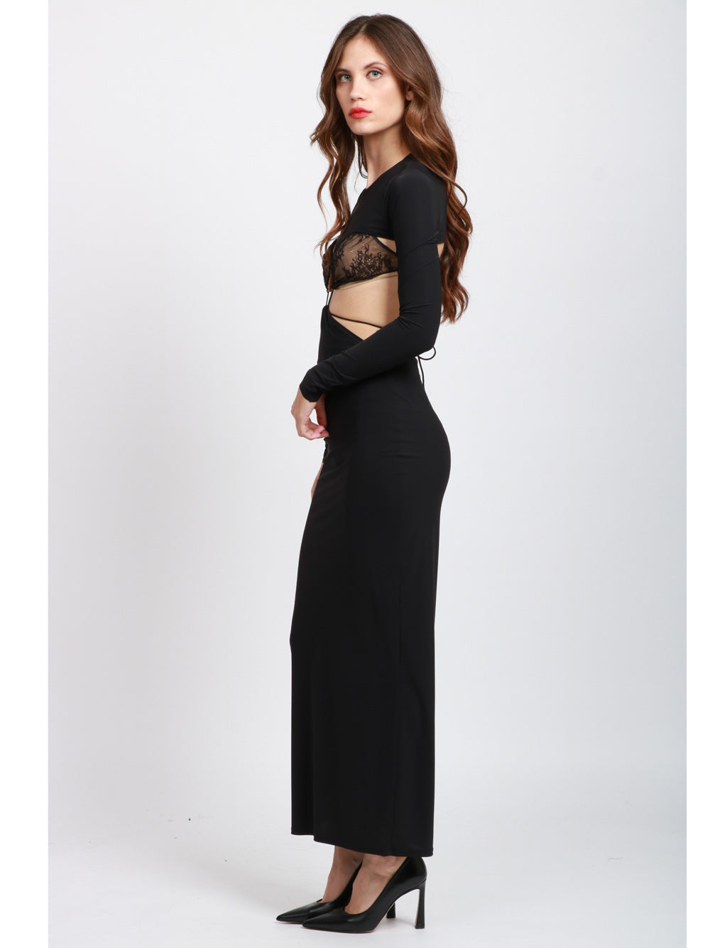 AMAZUIN Vestito Dhemi Midi Nero con Cut Out e Dettagli in Pizzo Nero